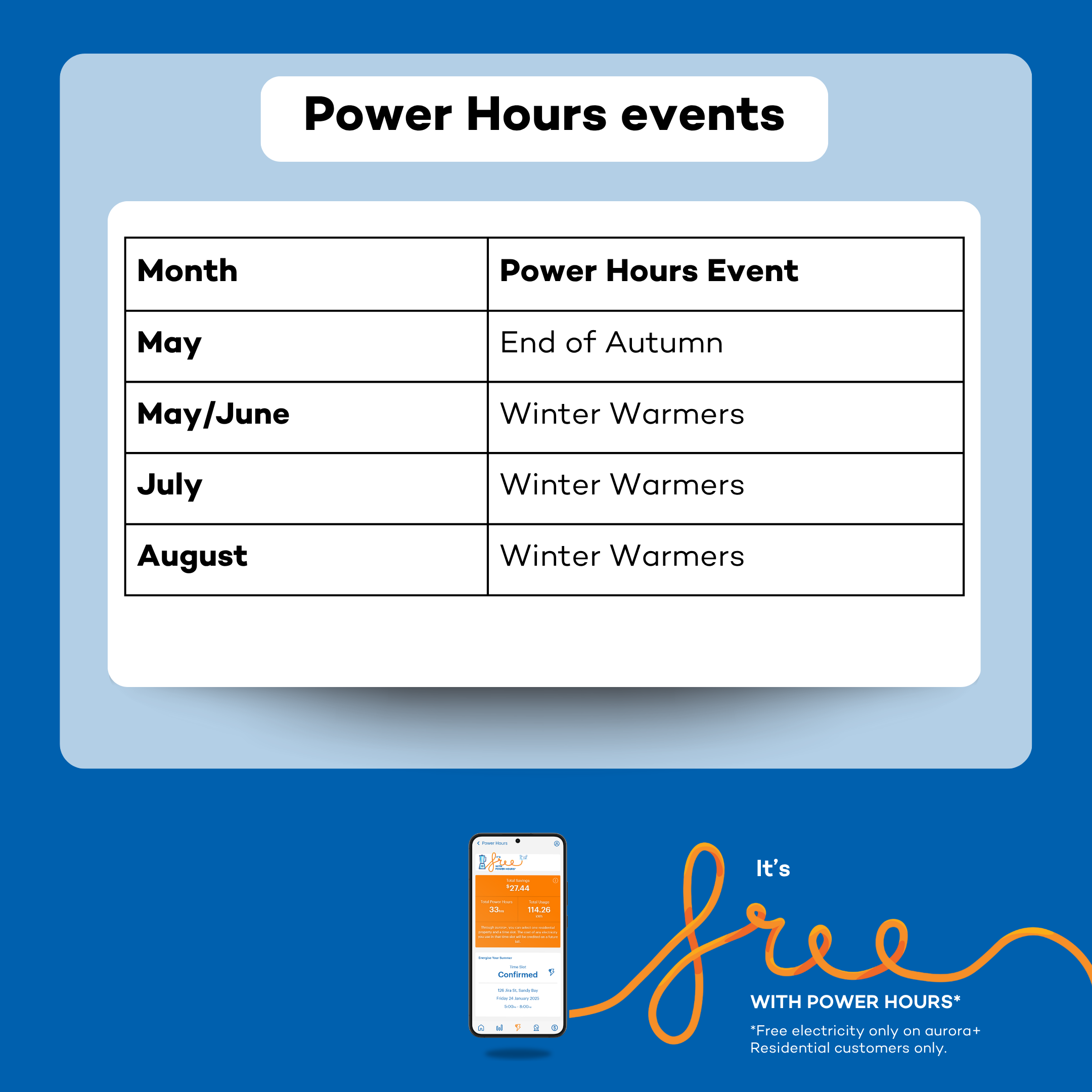 Power Hours calendar image. Events showing, May - End of Autumn, May/June/July/August - Winter Warmer events.