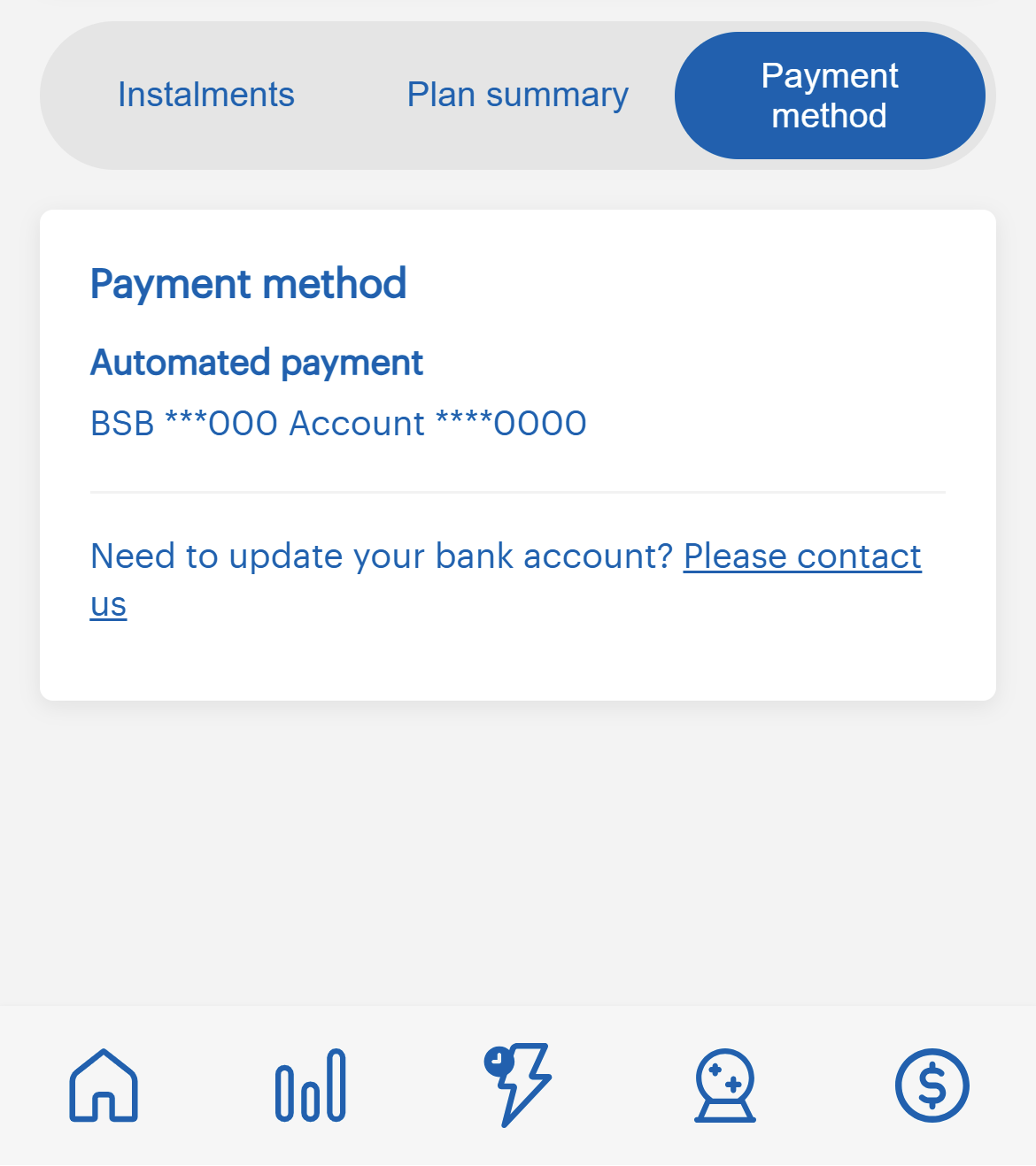 image of the payment method set up for a payment plan in aurora+