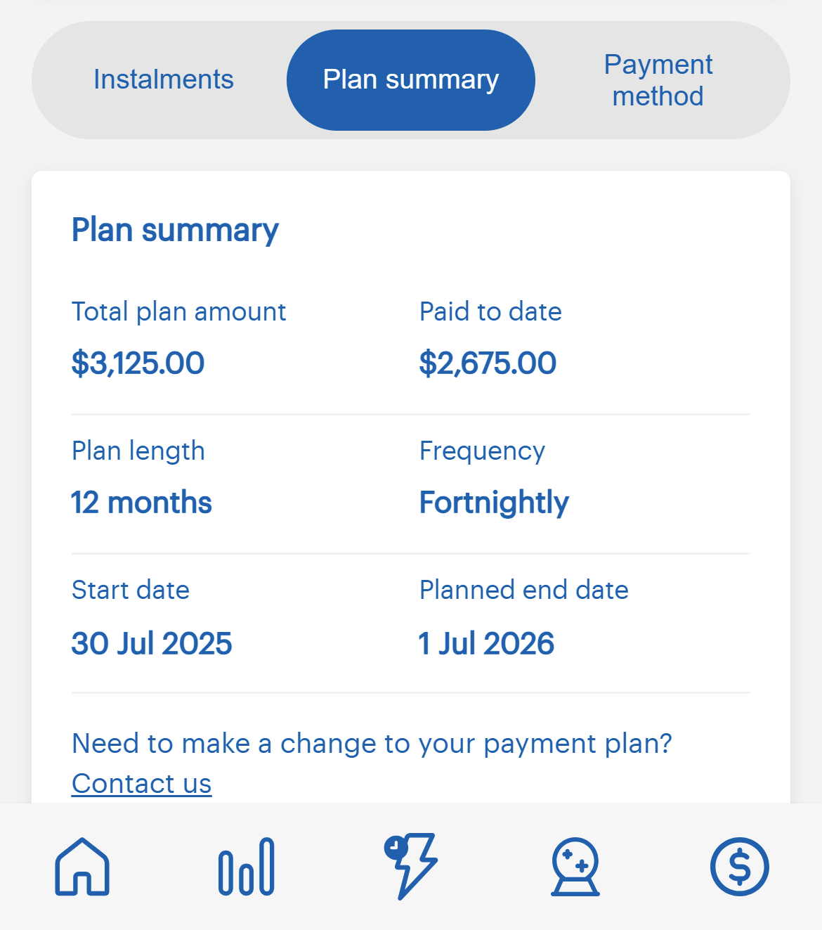 image of a payment plan summary in aurora+