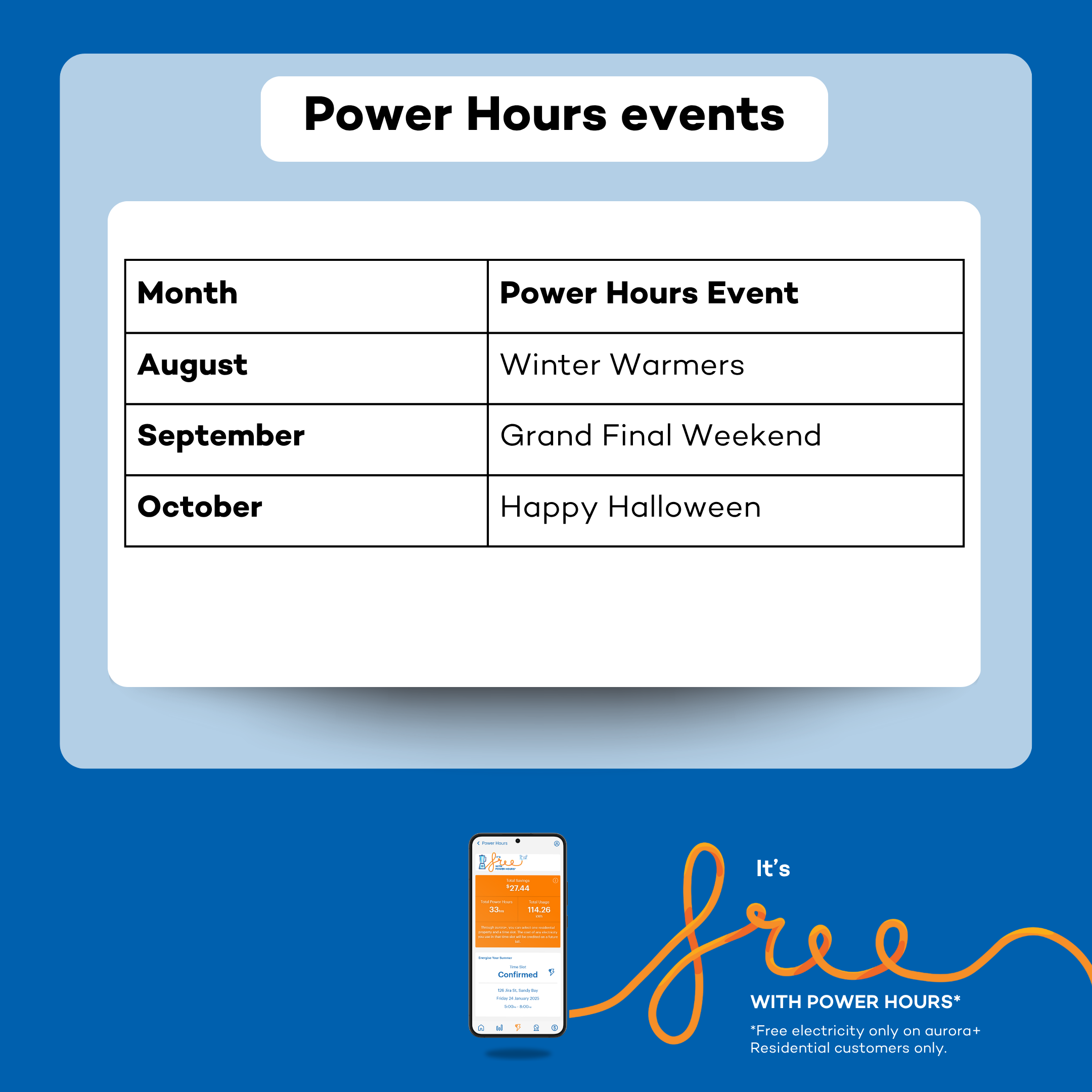 Image of Power Hours calendar with the following events, August Winter warmers, September Grand final weekend and October Happy Halloween.