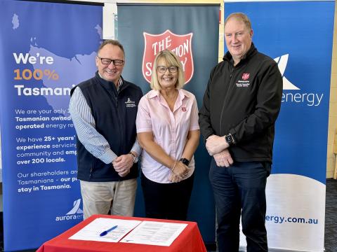 Image of Aurora Energy CEO, Nigel Clark, Salvation Army Doorways Manager, Stacey Milbourne, Salvation Army General Manager – Community Services, Stuart Foster